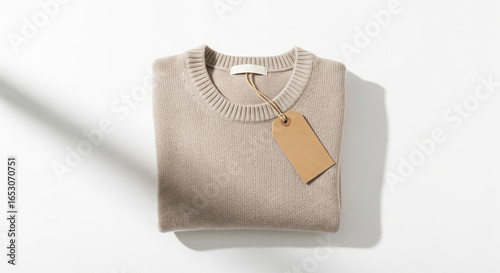 Beige Wool Sweater with Blank Kraft Tag on White Background Copyspace