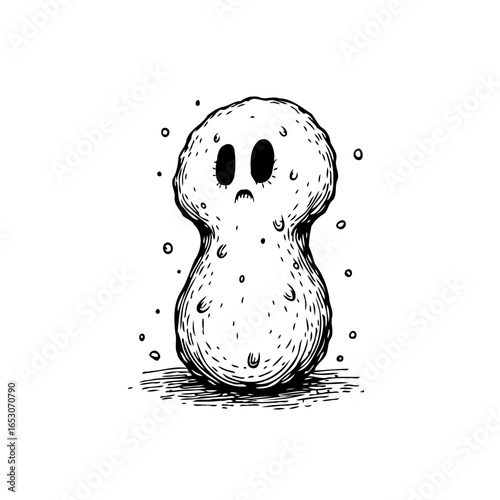 Illustration of a sad potato character with a melancholic expression, drawn in a whimsical and playful style, isolated on a clean white background