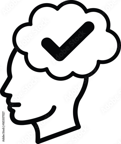 Thinking Approval Outline Icon with Tick Mark in a Cloud on Transparent