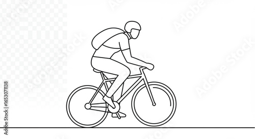 A simple line drawing of a cyclist with a helmet and backpack riding a bicycle on a flat surface