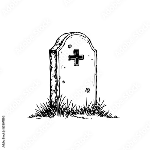 Spooky tombstone illustration with grass black and white drawing for halloween grave marker and memorial