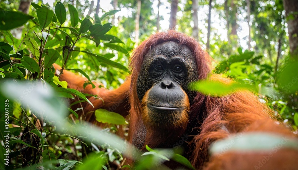 Fototapeta premium Close-up of an Orangutan in its Natural Habitat, Borneo Rainforest, Portrait of an Ape