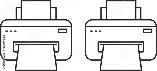 Two Black Outline Printers with White Paper Isolated on Transparent Background