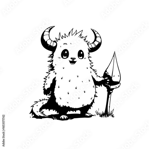 Adorable horned creature holds a spear showcasing imaginative character design with cute and fierce contrasts and minimalist art