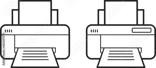 Two Printer Icons with Paper Sheet, Outline Style Illustration, Stationary Device