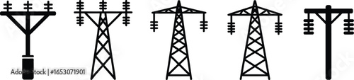 Variety of Electric Tower Silhouettes, Isolated Power Line Construction on White