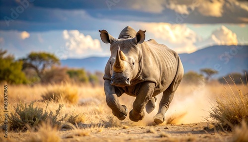 A rhinoceros charges forward at full speed across a grassy plain, kicking up dust under a dramatic cloudy sky.
