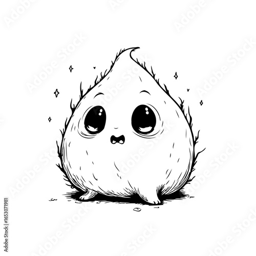 Whimsical cartoon character with endearing eyes in monochrome line art creating a playful atmosphere illustration