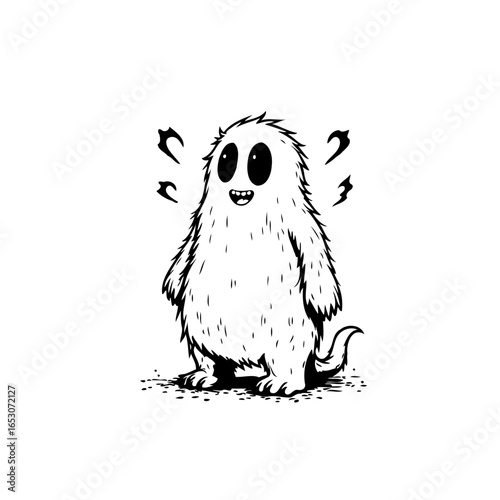 Adorable fluffy creature illustration showcases its playful cartoonish charm and delightful innocence standing on a white backdrop