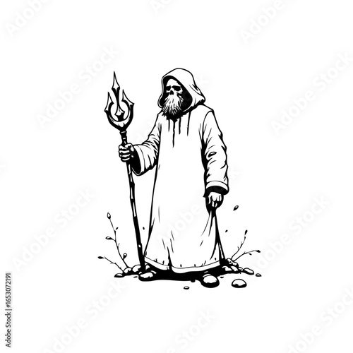 Mystical wizard illustration holding trident staff in black and white, evoking fantasy and ancient magic