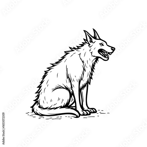 Drawing of a fierce wolf, with sharp teeth and angry expression, sitting alertly, depicting wildness and aggression