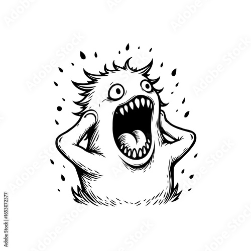 Frightened cartoon monster character with hands on head depicting fear in a hand drawn illustration