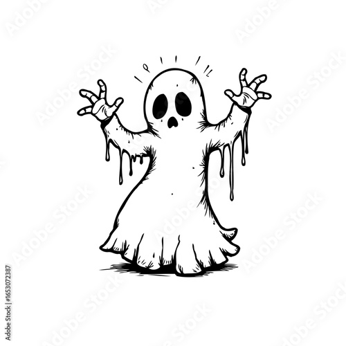 Whimsical halloween ghost illustration ready to scare people with a spooky and cute style featuring dripping details isolated