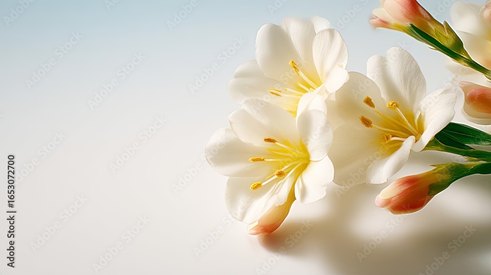 Naklejka premium Lovely close-up of delicate white flowers with soft pink buds.