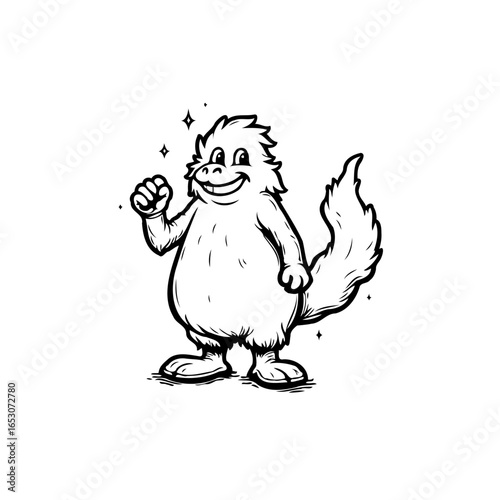 Cute cartoon monster mascot with a friendly smile, giving a welcoming gesture illustration for branding, advertising and design project
