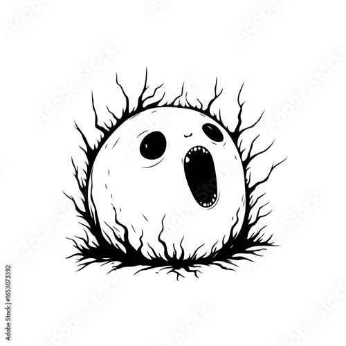 Distressed spherical character with open mouth surrounded by spiky black branches for a whimsical aesthetic
