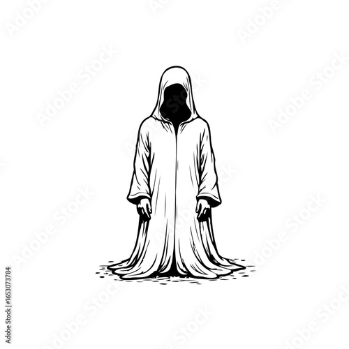 Mysterious hooded figure illustration isolated on a white background creating an atmosphere of suspense and intrigue