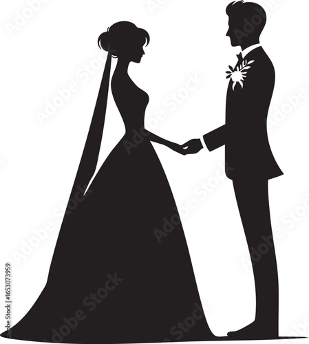 Silhouette of a groom proposing to his bride with an engagement ring on their wedding day