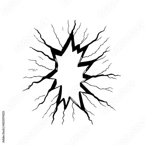 Cracked surface graphic effect representing damage with radiating lines and shattered fragments indicating impact or break, a visual metaphor