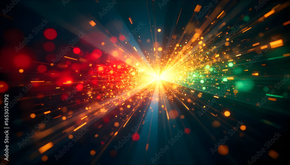Fototapeta premium Abstract Burst of Light with Orange Red and Green Hues Featuring Bokeh and Energy Radiating from Center