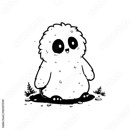 Cute fuzzy cartoon monster illustration with big eyes and a friendly smile, standing on grass and leaves