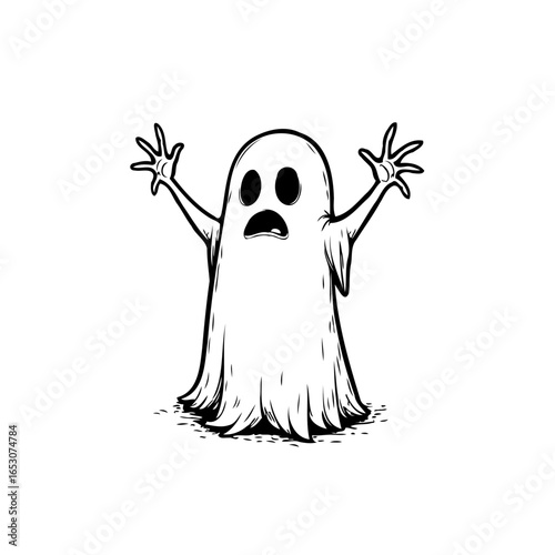 Spooky ghost illustration evoking halloween spirit with raised arms on white backdrop perfect for spooky season