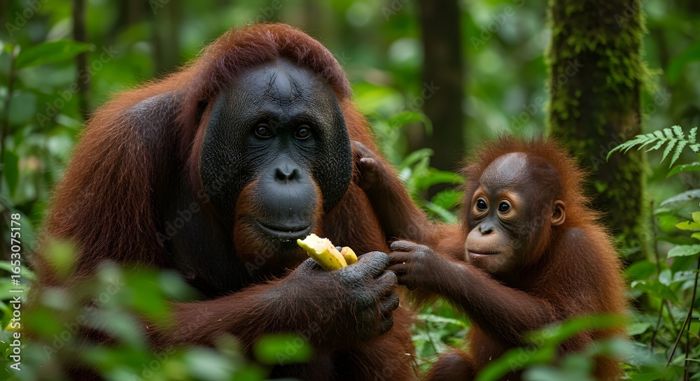 Obraz premium Orangutan Mother and Baby Eating Banana in Lush Jungle