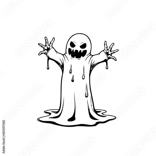 Spooky halloween ghost illustration in monochrome featuring a scary ghoul perfect for festive designs and decorations