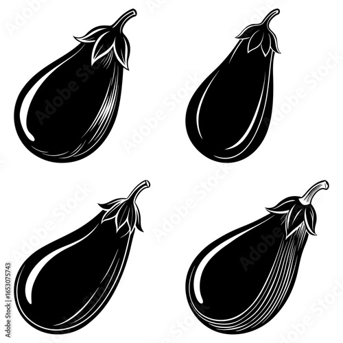 Four stylized black and white eggplants with detailed stems and leaf structures in various orientations