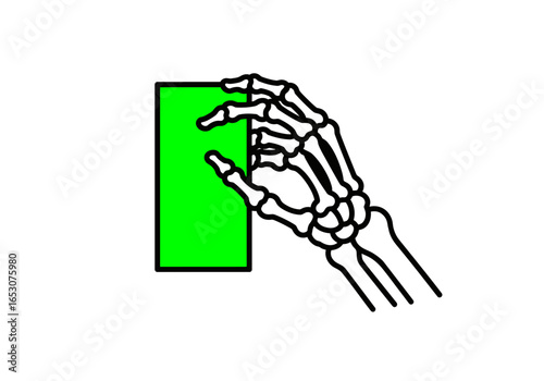 Skeletal Hand Holding a Vibrant Green Rectangular Object with Black Outline
