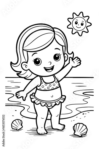 Girl on the beach, coloring book for kids
