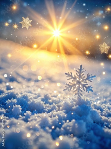 Sparkling snowflakes glisten in the warm sunlight on a serene winter landscape