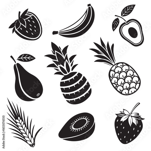 Collection of hand drawn black and white silhouettes of various fresh fruits including strawberries bananas pineapples pears and avocados
