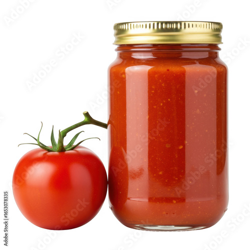 Jar of tomato sauce with fresh tomato next to it isolated on transparent background