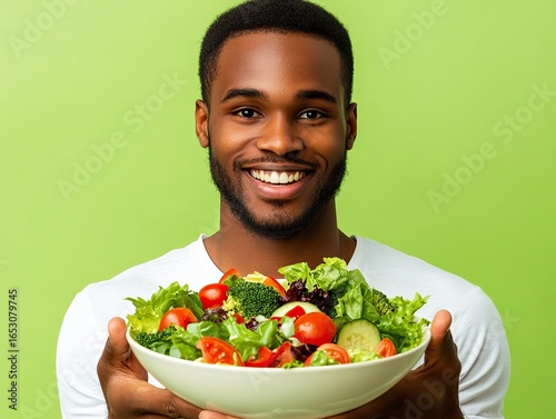 Man holding a bowl of fresh salad and smiling at the camera, isolated on lime green background, 
