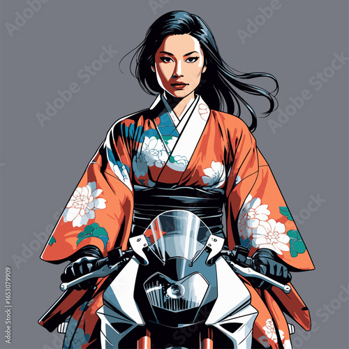 vector image of a lady biker wearing a kimono riding a motorsport