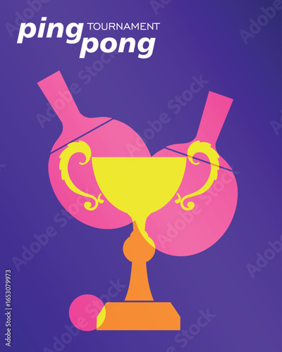 Ping pong tournament poster, flat design, winner cup, rackets, ball, competition banner. Table tennis championship winner, victory, racket sports training, training, tennis club