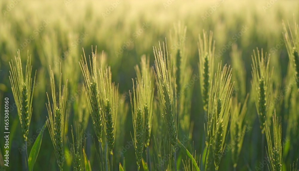 Obraz premium Golden Hour Wheat Field Lush Green Ears at Sunset