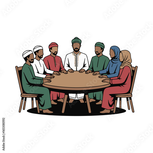 Group of People Sitting Around Table vector illustration
