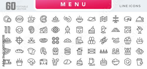 Menu line icon set. Burger, sandwich, pizza, hot, dog, cola, fries, food dinner, sushi, cocktails, vegetarian meal, ice cream, coffee line icon set. Ui thin line icon pack.