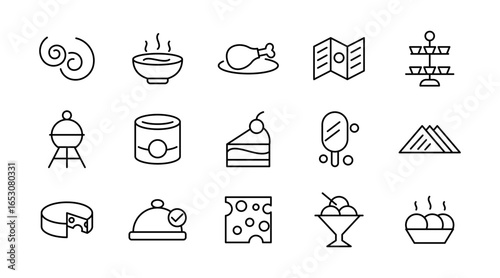 Menu line icon set. Burger, sandwich, pizza, hot, dog, cola, fries, food dinner, sushi, cocktails, vegetarian meal, ice cream, coffee line icon set. Ui thin line icon pack.