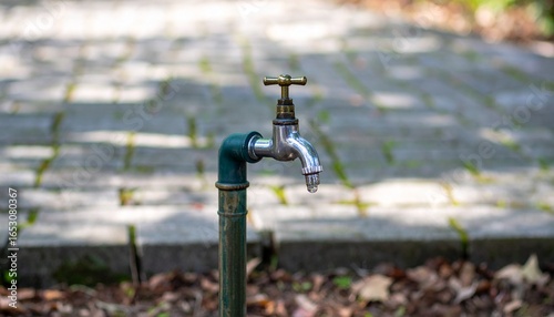 A classic outdoor garden faucet with a green pipe provides a vital water supply, with a single drop highlighting water conservation.