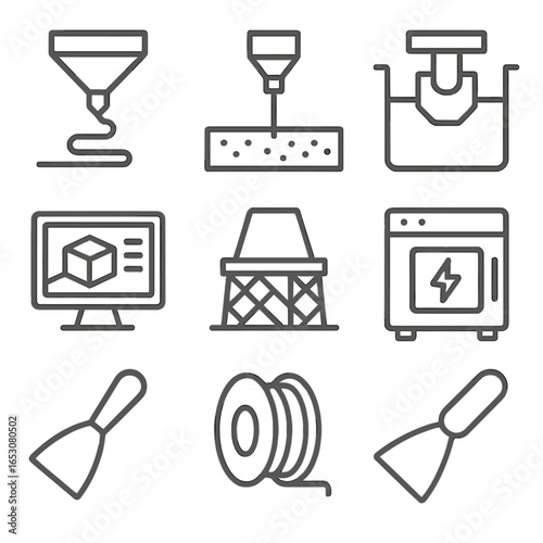 Additive Manufacturing Icons. Outline style icon of Additive Manufacturing: FDM nozzle, powder bed fusion, resin vat, build plate,