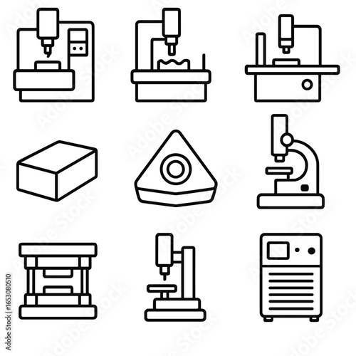 Tooling & Die Icons. Outline style icon of Tooling & Die Shop: CNC mill, EDM sinker, surface grinder, tool steel block, carbide