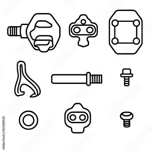 Bicycle Pedal Components. Outline style icon of Pedals & Interface: clipless pedal body, SPD cleat, platform pedal pin, toe clip,