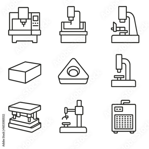 Tooling & Die Icons. Outline style icon of Tooling & Die Shop: CNC mill, EDM sinker, surface grinder, tool steel block, carbide