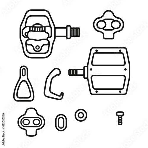 Bicycle Pedal Components. Outline style icon of Pedals & Interface: clipless pedal body, SPD cleat, platform pedal pin, toe clip,
