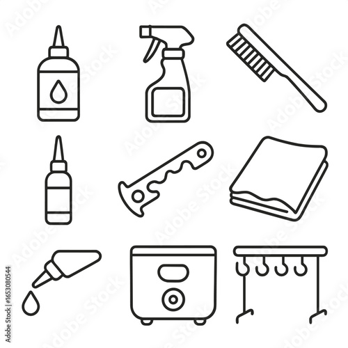 Chain Care Essentials. Outline style icon of Chain Care Supplies: chain lube bottle, degreaser spray, cleaning brush, chain keeper