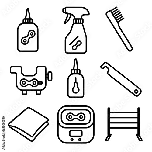 Chain Care Essentials. Outline style icon of Chain Care Supplies: chain lube bottle, degreaser spray, cleaning brush, chain keeper