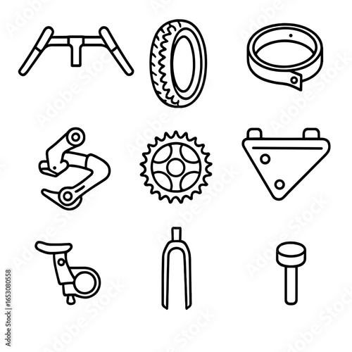 Gravel Bike Upgrades Icon. Outline style icon of Gravel Bike Upgrades: flared drop bar, wide tire, tubeless rim strip, clutch